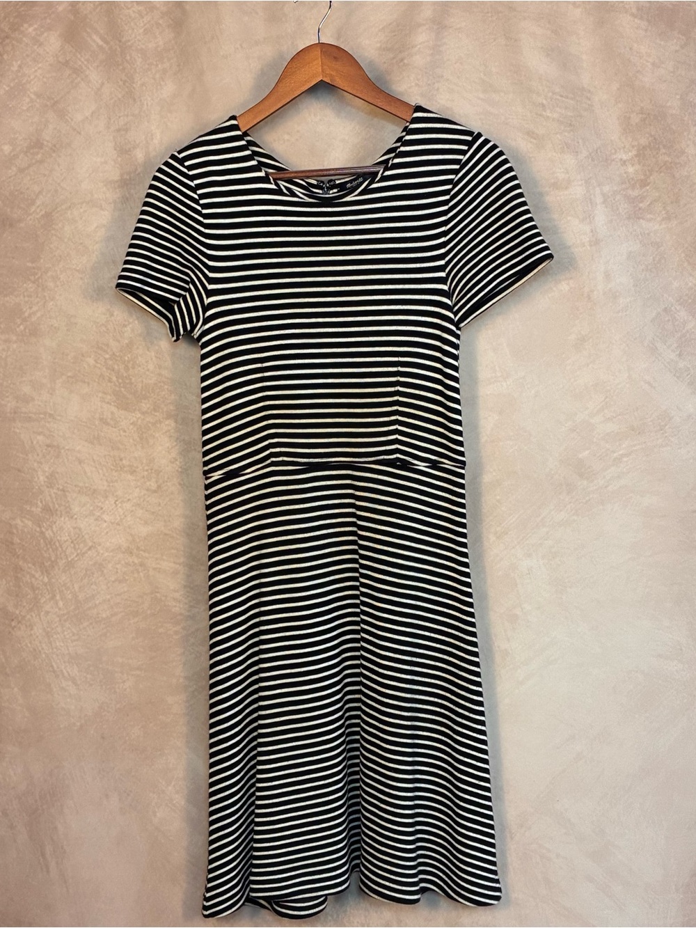 Madewell Black White Striped Fit Flare Dress Short Sleeve Scoop Neck Sz M